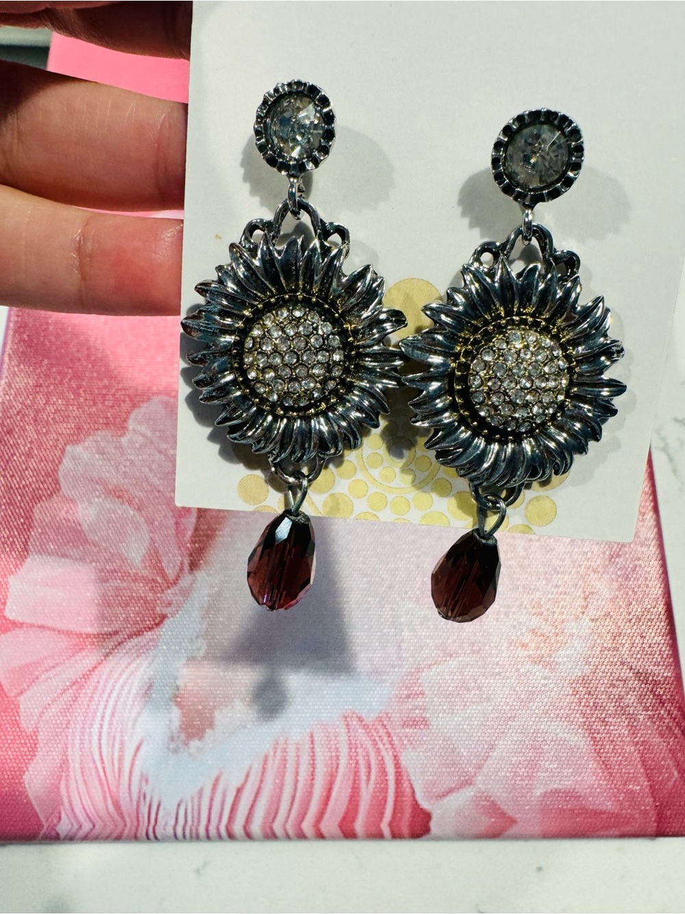 Zara Silver Sunflower Drop Earrings with Garnet Teardrops